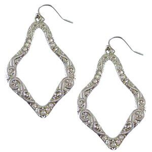 Earrings Silver Crystal Dangle Metal Art Filigree 2.5"L